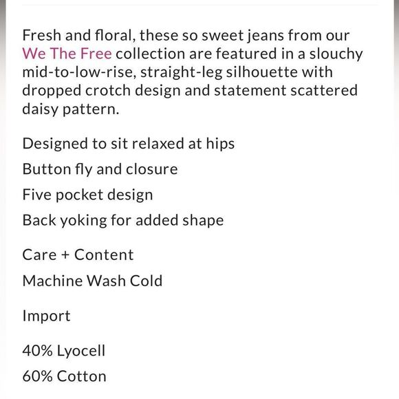 Free People Daisy Wren Floral Jeans Size 27 New - Picture 10 of 10